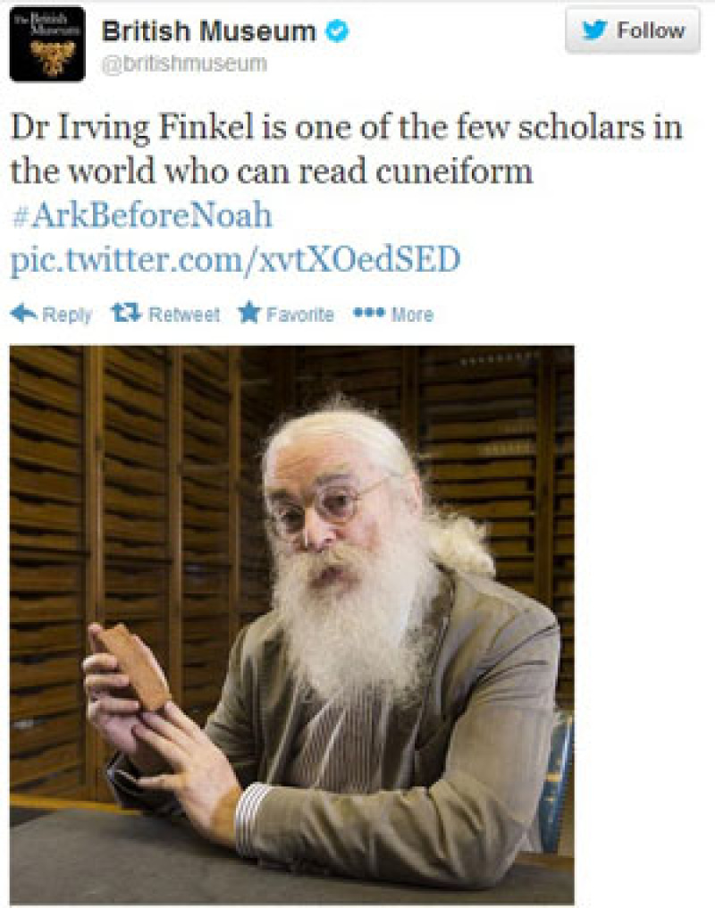 Dr Irving Finkel with 4000 year old Cuneiform tablet with Noah's Ark descriptions