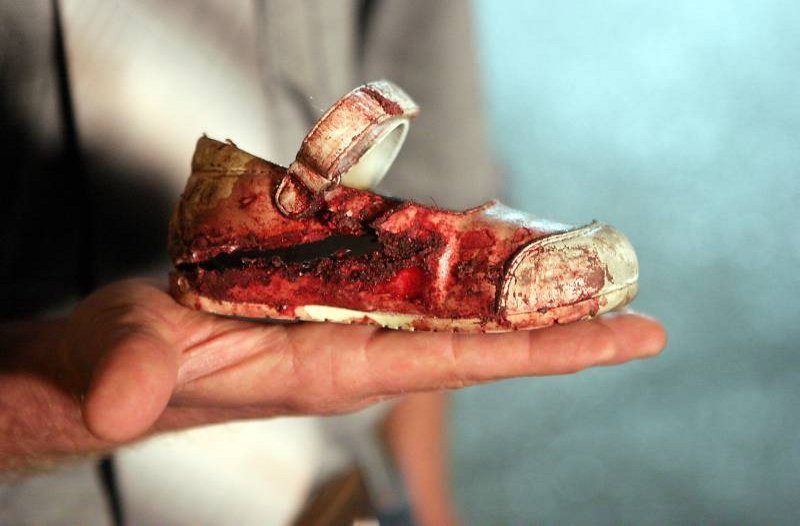 A child's shoe found in a mall after it was hit by a missile fired from the Gaza strip back in 2008.