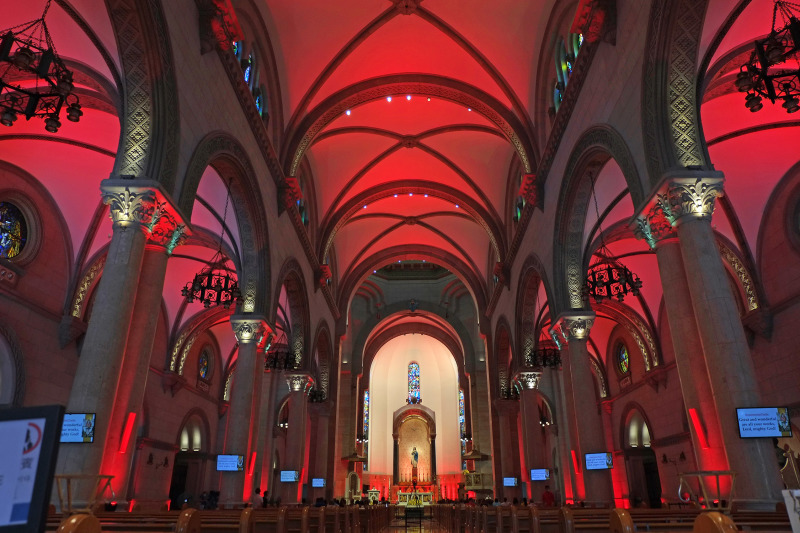 Philippines' Manila Cathedral with red lights for 'Red Wednesday.