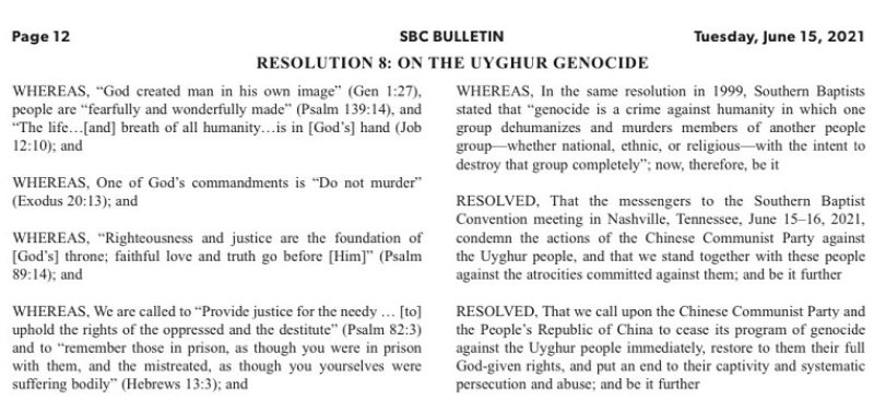 SBC Resolution 8: On The Uyghur Genocide of China