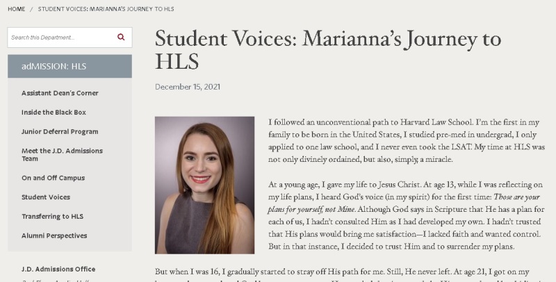 Harvard Law student Marianna Marques boldly shared her testimony in the school's website