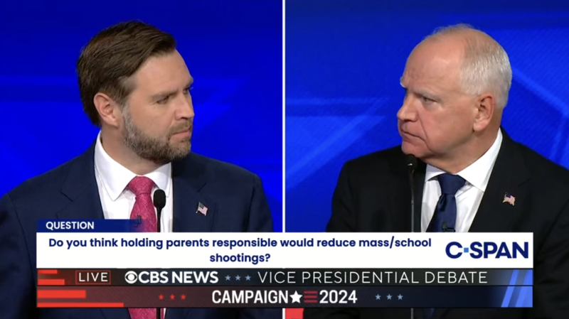 Senator J.D. Vance and Governor Tim Walz shake hands at the vice presidential debate hosted by CBS News in New York City on Oct. 1, 2024.