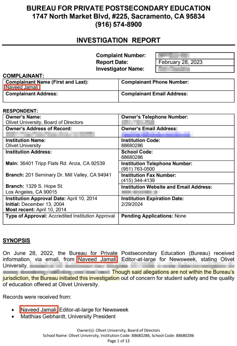 Documentation has surfaced showing that BPPE’s investigation into Olivet University was initiated by Newsweek journalist Naveed Jamali